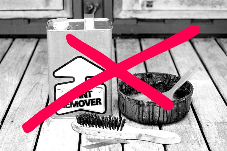 A can of paint remover with an X through it.